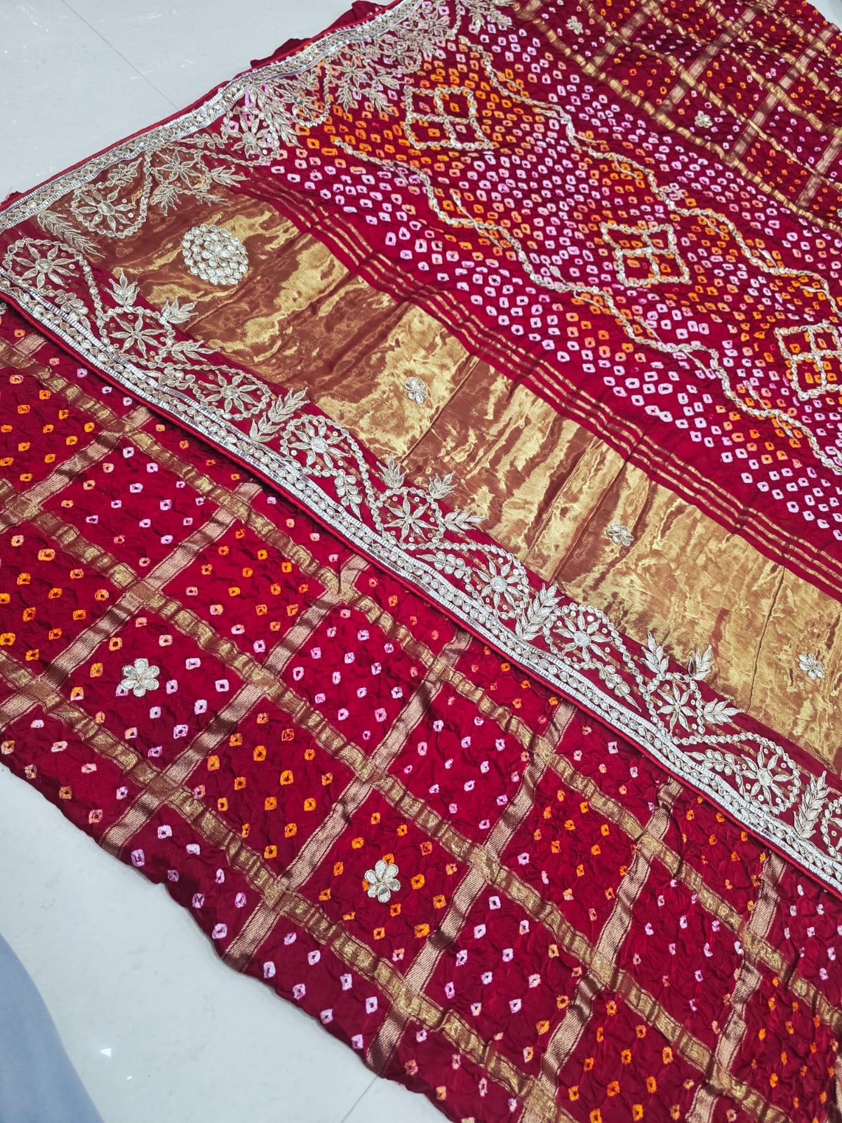Pure Modal Silk Bandhani Ekdana Bandhej Heavy Gotapatti Work Saree by pcd red rani pink
