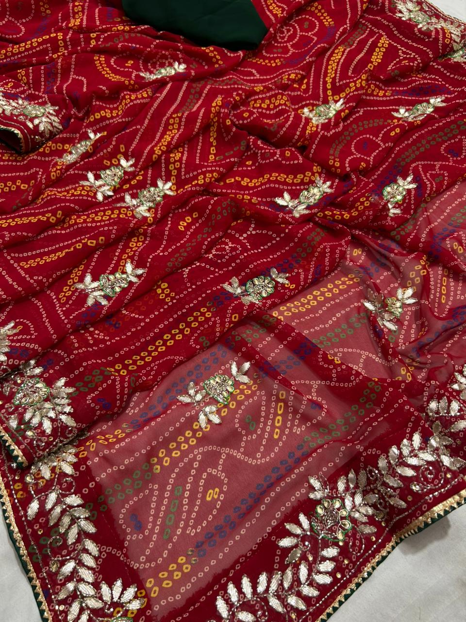 New Beautiful Georgette Bandhani Style With Gotapatti Work Saree by pcd