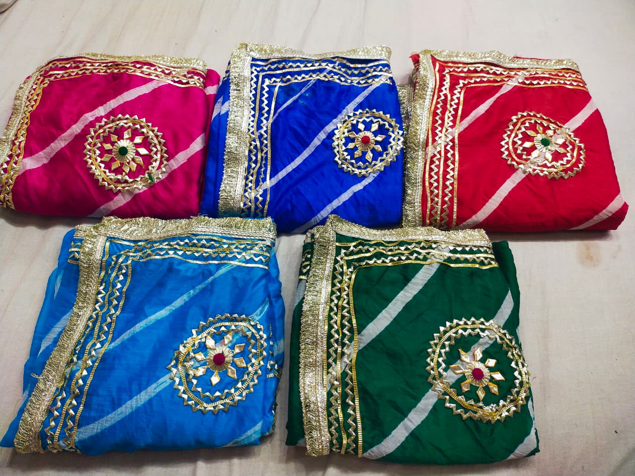 Latest Jaipuri Traditional Chinon Leheriya Bandhani Gota Patti Saree by pcd