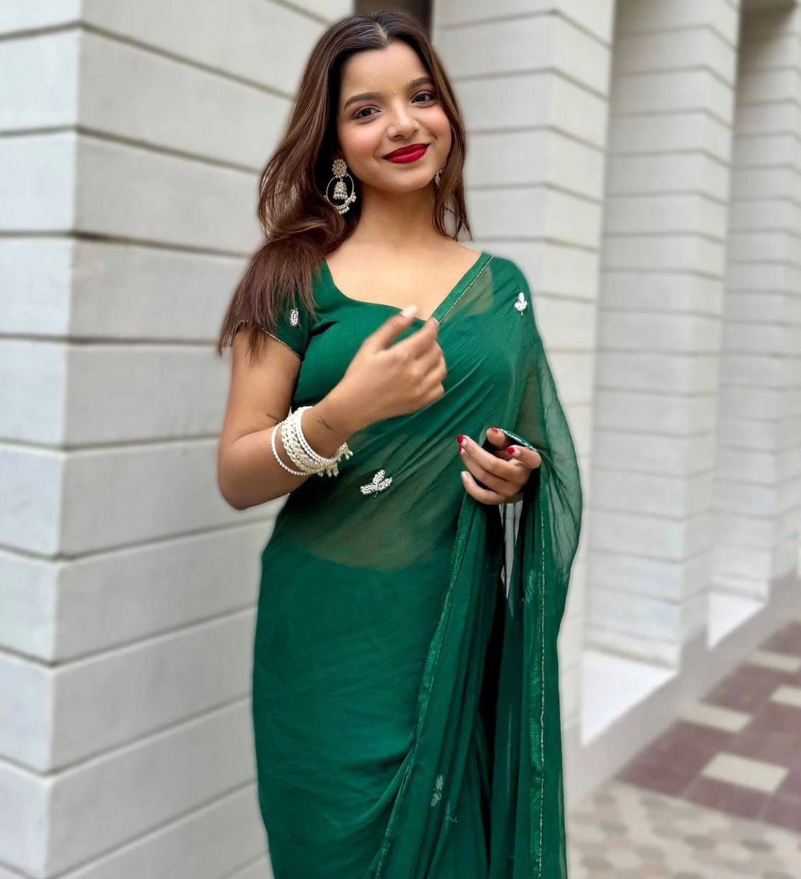 PCD Latest Chiffon Bollywood Style Moti Work Saree vj