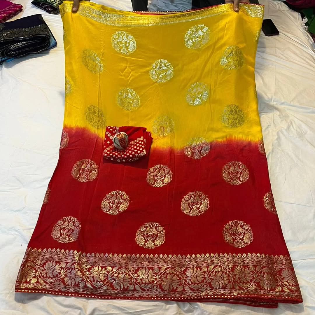 PCD Special Pure Georgette Jaipuri Tie Dye Zari Weaving Saree