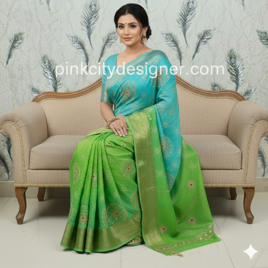 H.O. silk print gota work , chitpallu