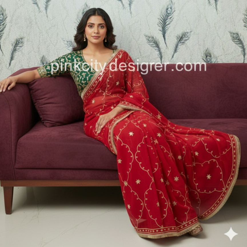 Elegant Red Pure Diamond Chiffon Saree with Traditional Kachhi Gotta Work