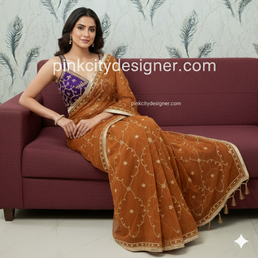 Elegant Brown Pure Diamond Chiffon Saree with Traditional Kachhi Gotta Work