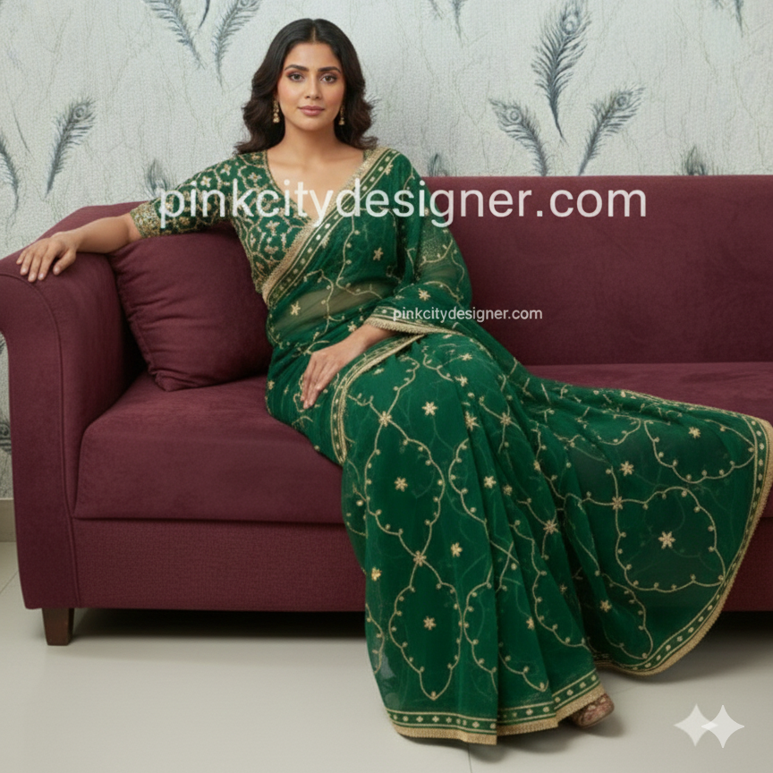 Elegant Green Pure Diamond Chiffon Saree with Traditional Kachhi Gotta Work