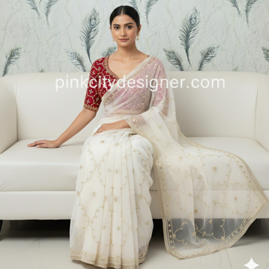 Elegant White And Red Pure Diamond Chiffon Saree with Traditional Kachhi Gotta Work