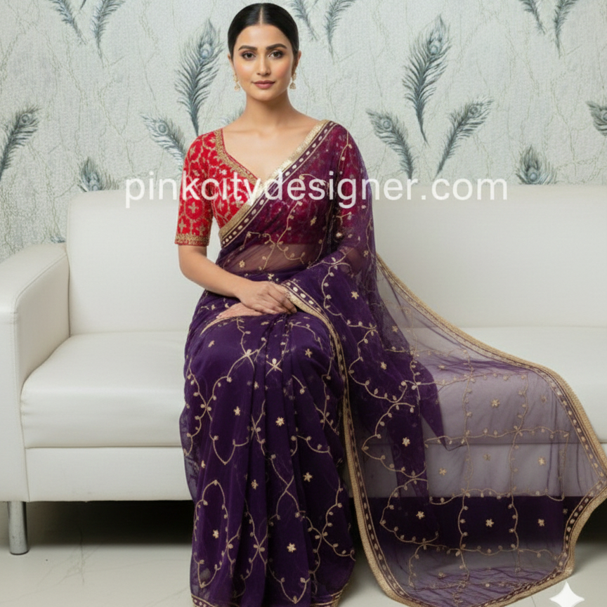 Elegant Purple Pure Diamond Chiffon Saree with Traditional Kachhi Gotta Work