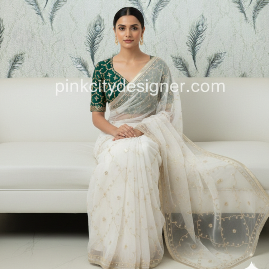 Elegant White And Green Pure Diamond Chiffon Saree with Traditional Kachhi Gotta Work