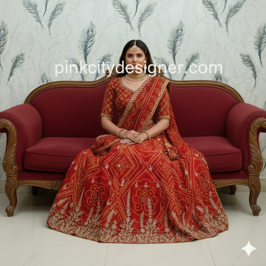Pink City Desginer Red Georgette Bandhej Chunri Lehenga Set with Heavy Gotta Patti Border & Butti Work