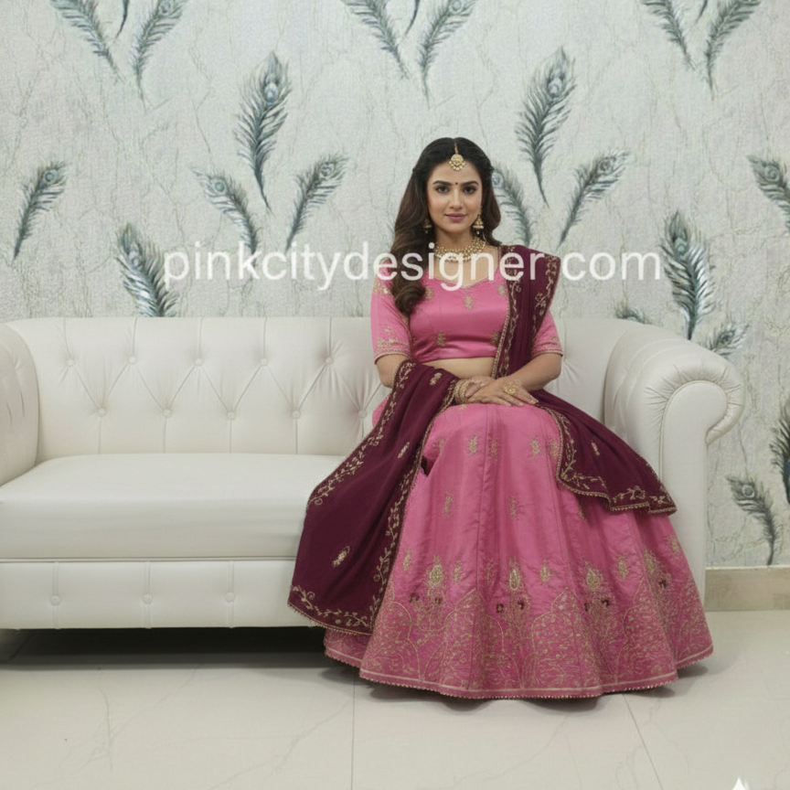 Lehenga with Heavy Gold Embroidered Border & Contrast Dupatta