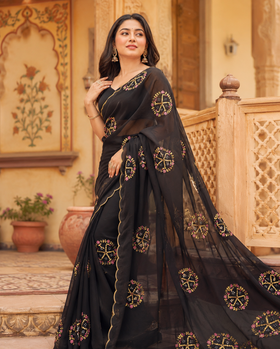 New Premium Pure Georgette Festive Saree with Traditional Gota Patti Work by pcd