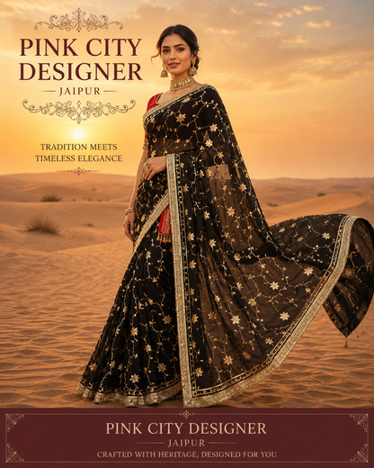 Latest New Chiffon Bollywood Style With Gotapatti Work Saree specal black colour by pcd