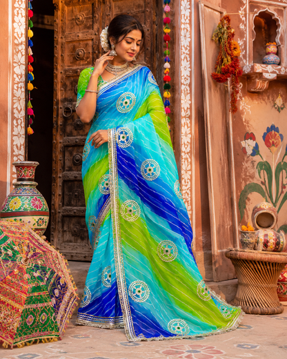 PCD New Launch Georgette Multicolour Jaipuri Gotapatti Leheriya Saree SA.