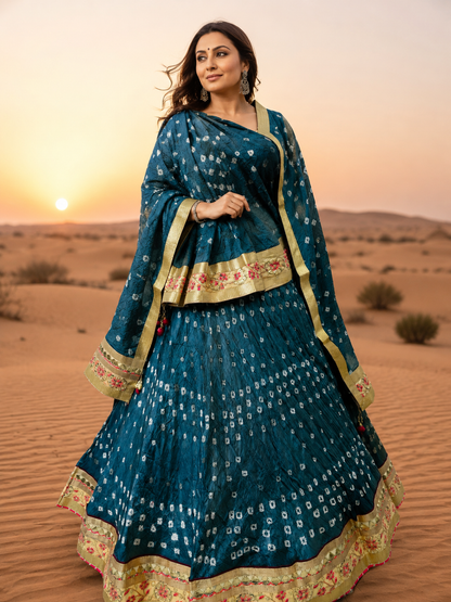 PCD Orignal Hand Bandhej Tapeta Silk Lehenga