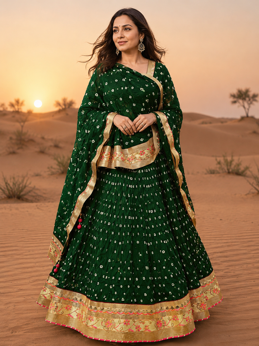 PCD Orignal Hand Bandhej Tapeta Silk Lehenga