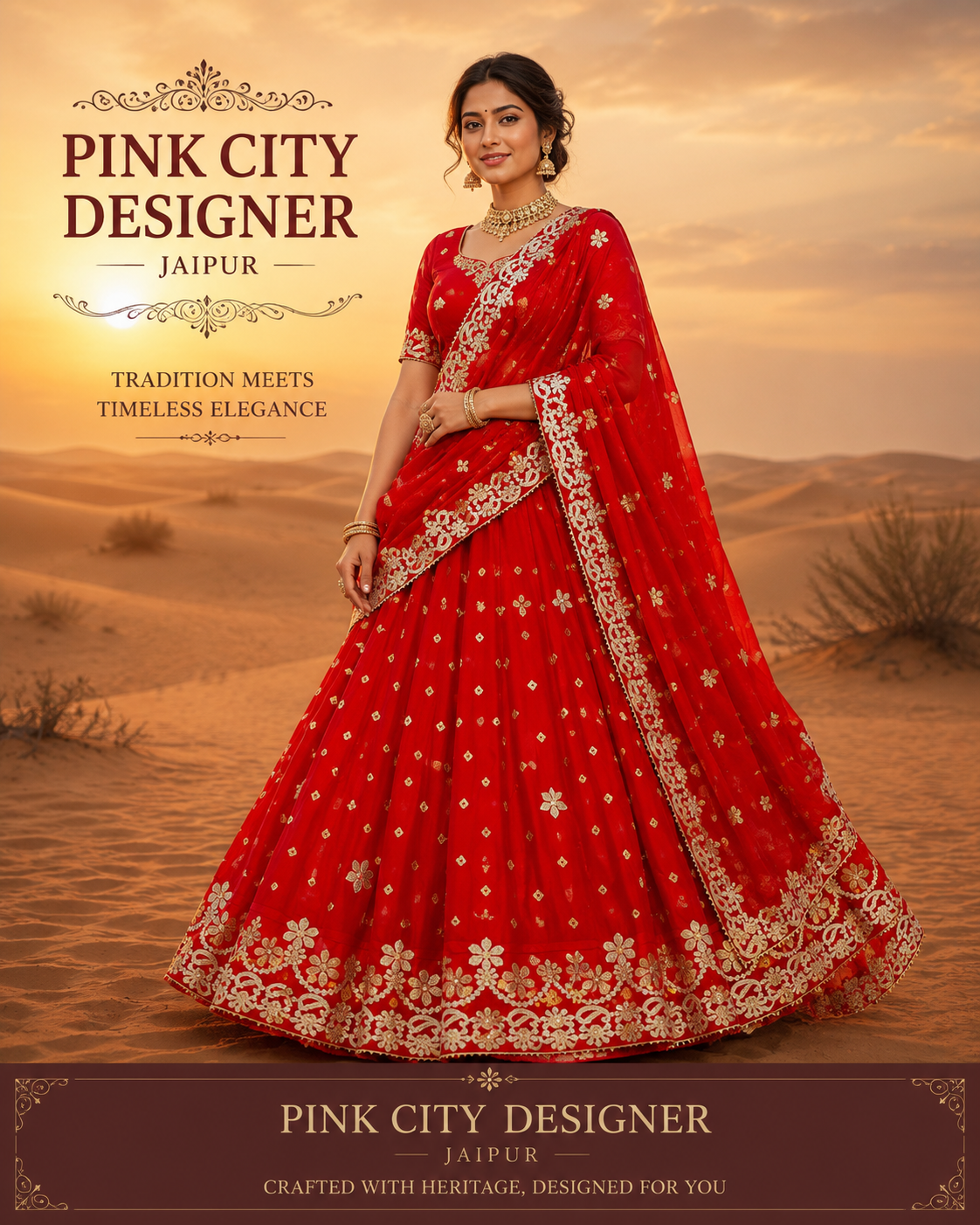 New Traditional Chinon Silk Bandhani Lehenga with Rich Gota Patti Details