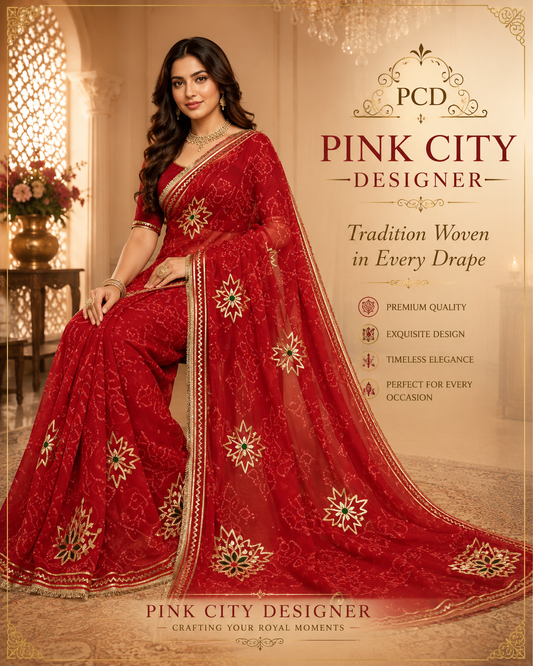 Royal Bandhani Georgette Saree With gota hand work by pcd