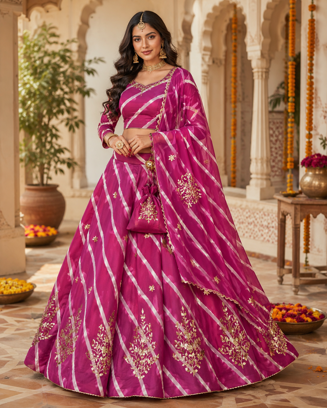 New Launch Leheriya design chinon silk with Gotapatti Handwork Lehenga by pcd