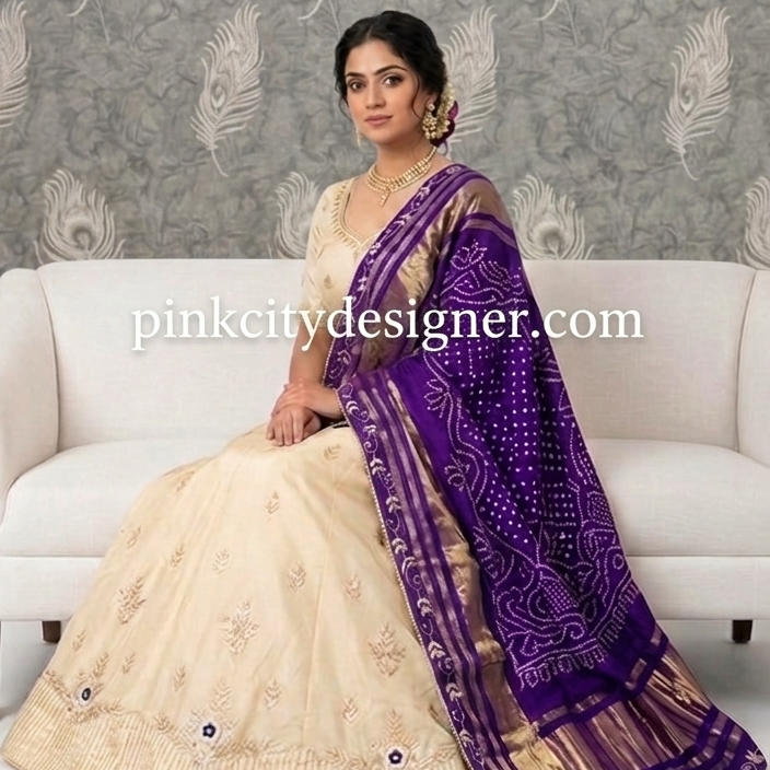 Cream Silk Lehenga with Gota Patti Work