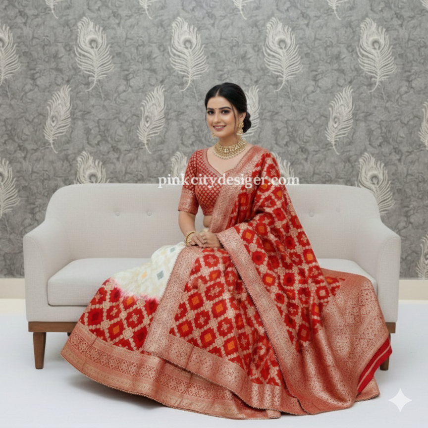 Traditional Bandhej and Floral Embroidered Lehenga