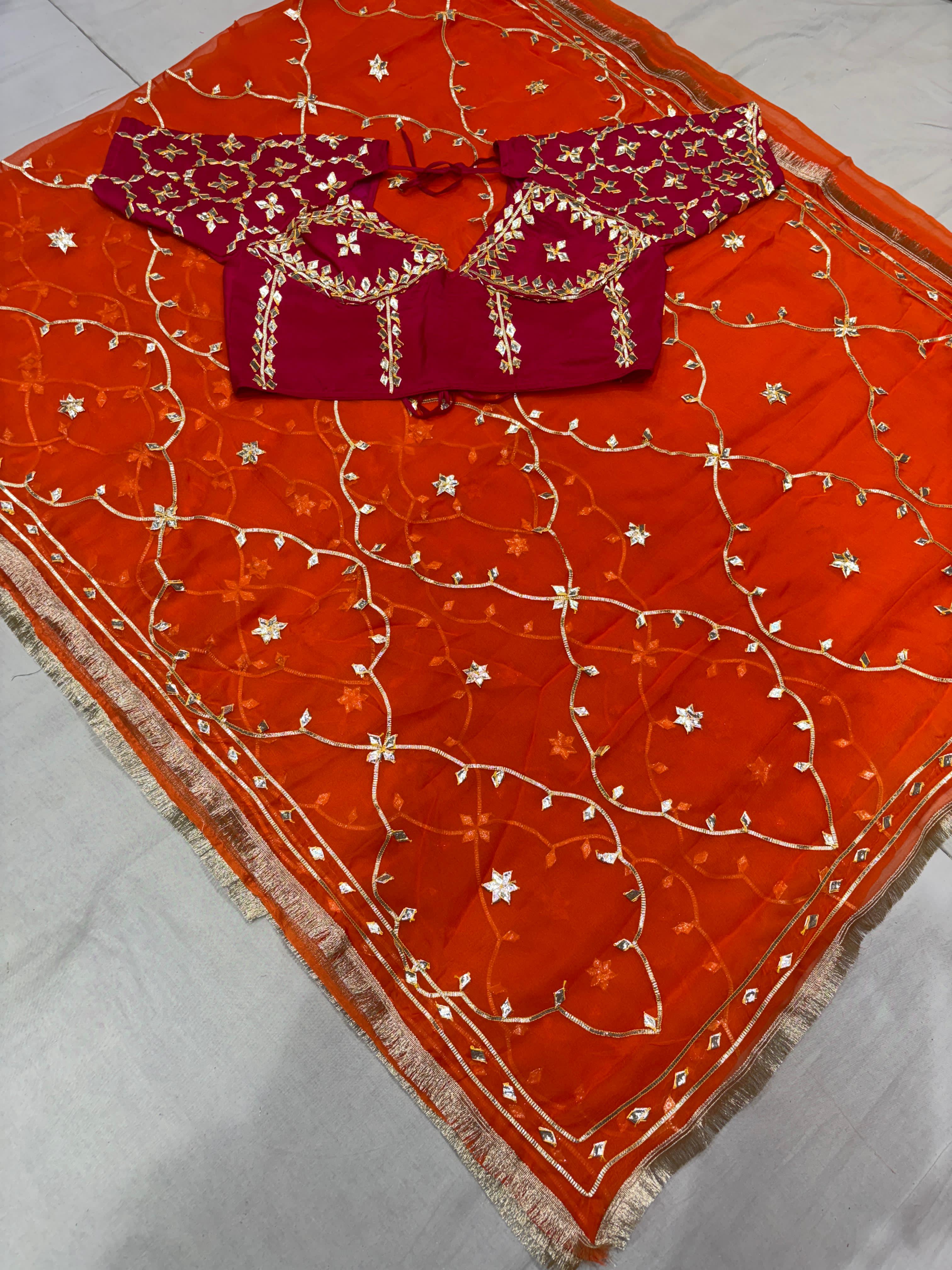 Elegant Orange Pure Diamond Chiffon Saree with Traditional Kachhi Gotta Work