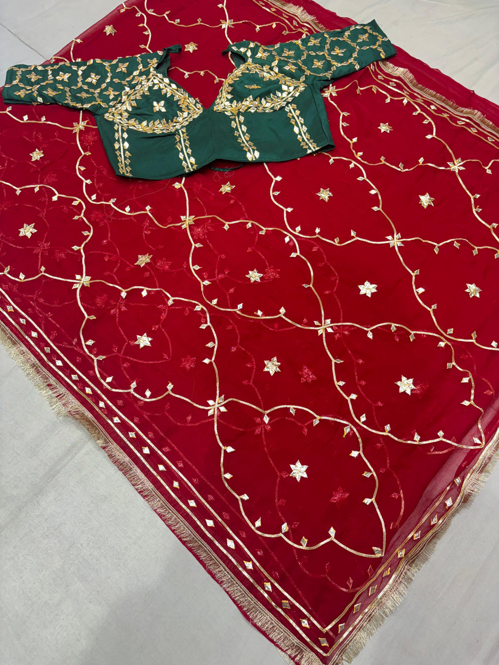 Elegant Red Pure Diamond Chiffon Saree with Traditional Kachhi Gotta Work