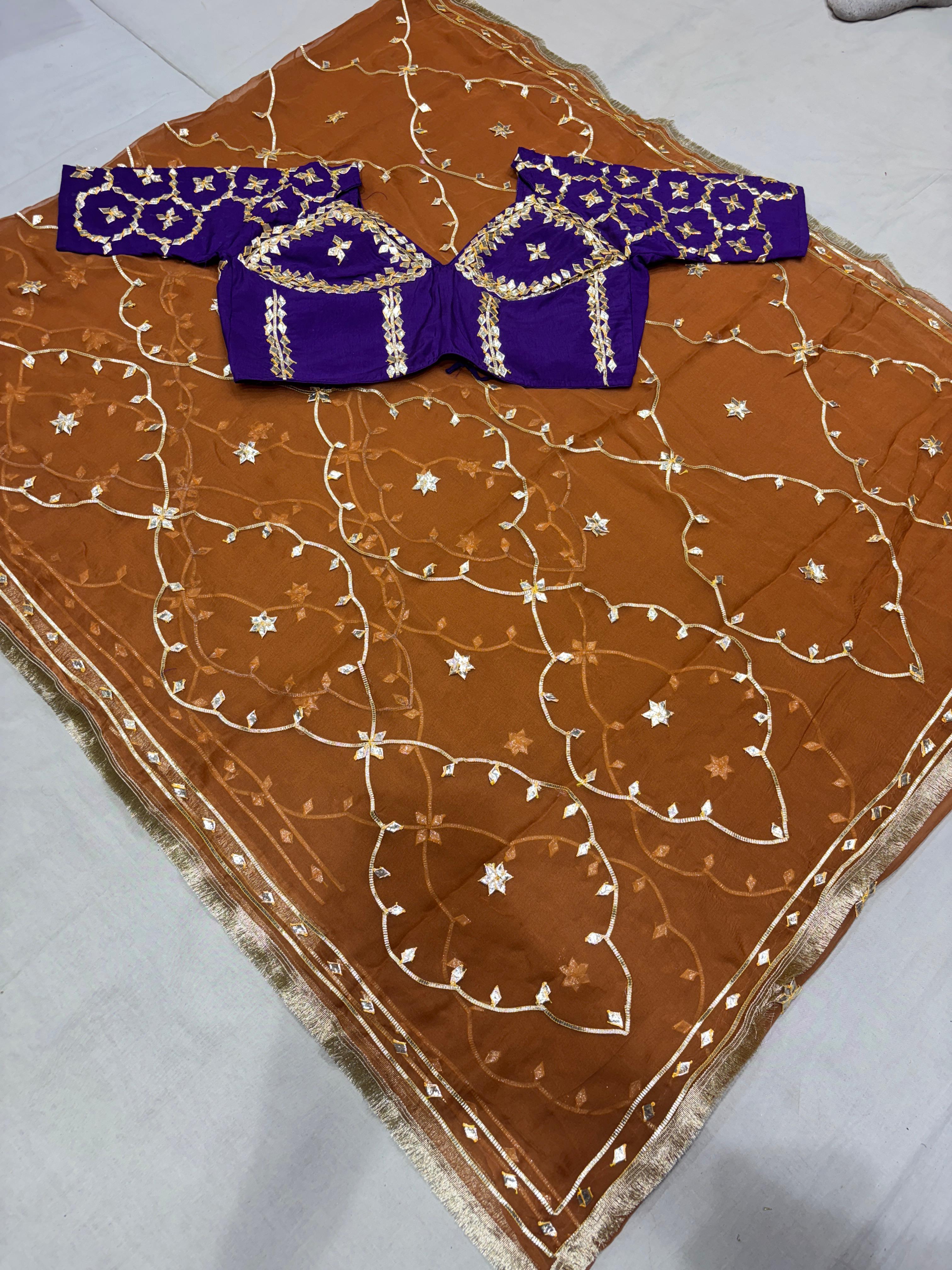 Elegant Brown Pure Diamond Chiffon Saree with Traditional Kachhi Gotta Work