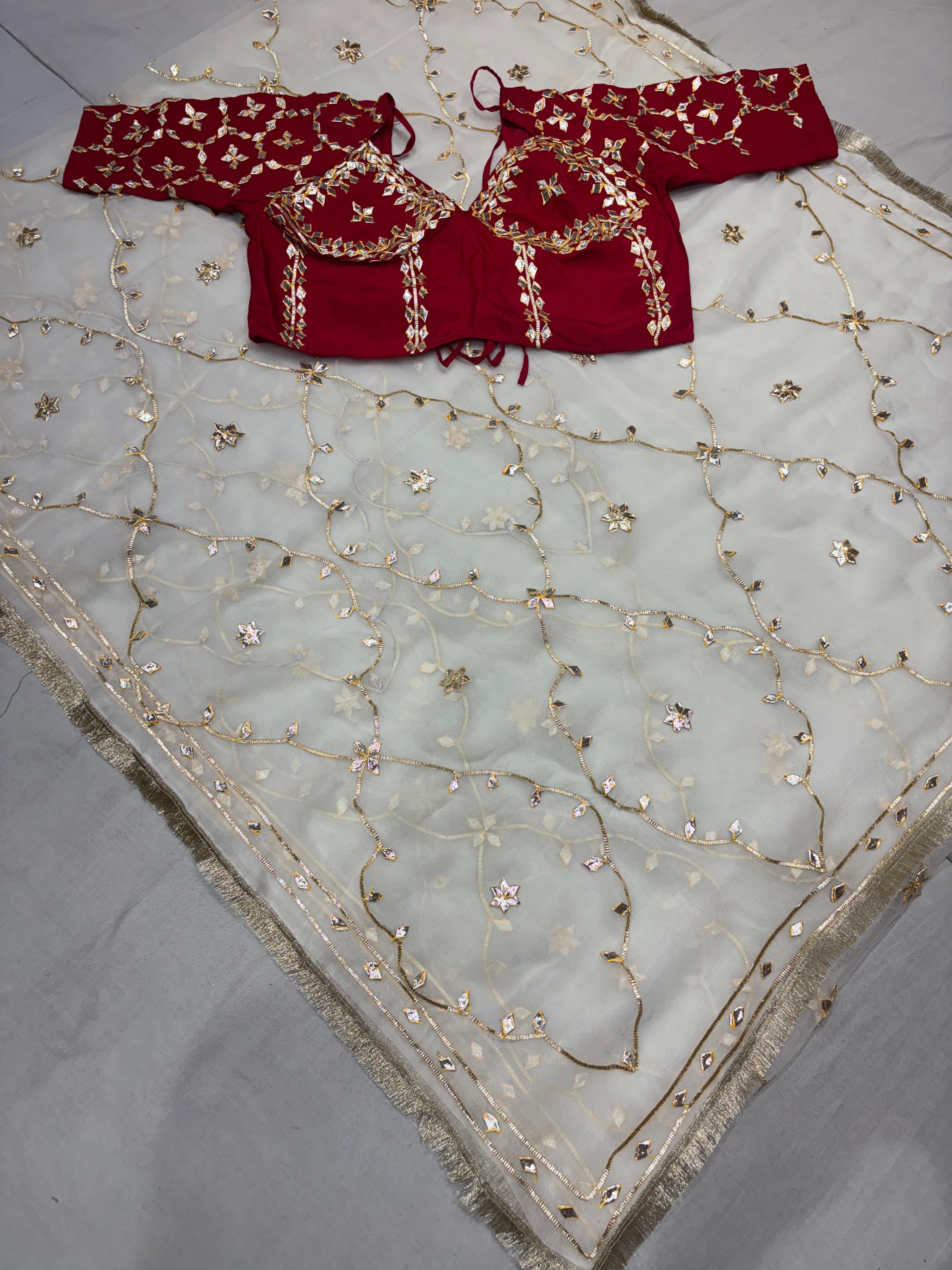 Elegant White And Red Pure Diamond Chiffon Saree with Traditional Kachhi Gotta Work