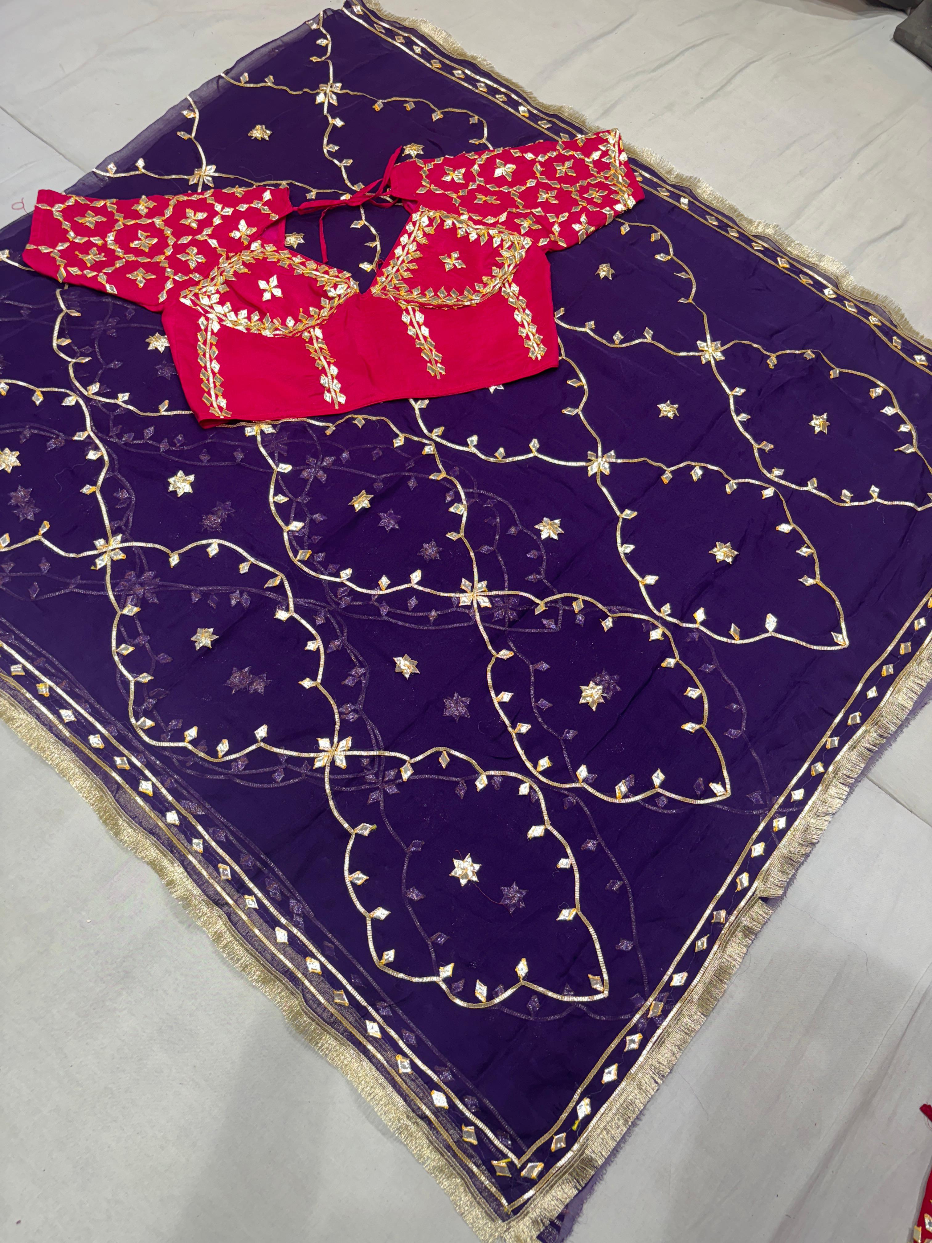 Elegant Purple Pure Diamond Chiffon Saree with Traditional Kachhi Gotta Work