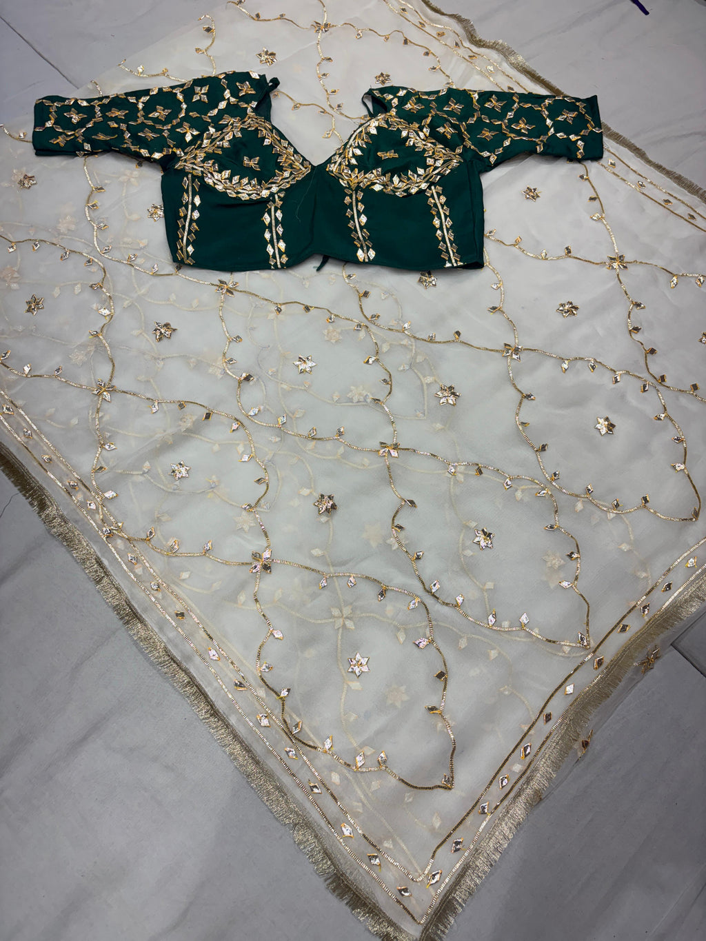 Elegant White And Green Pure Diamond Chiffon Saree with Traditional Kachhi Gotta Work
