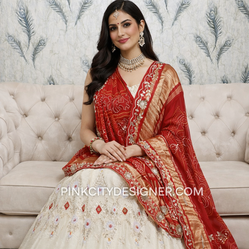 Traditional Ivory Lehenga Set with Contrast Dupatta