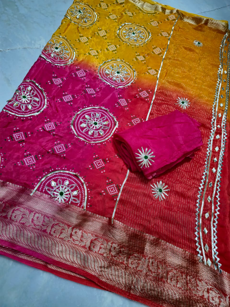H.O. silk print gota work, chitpallu