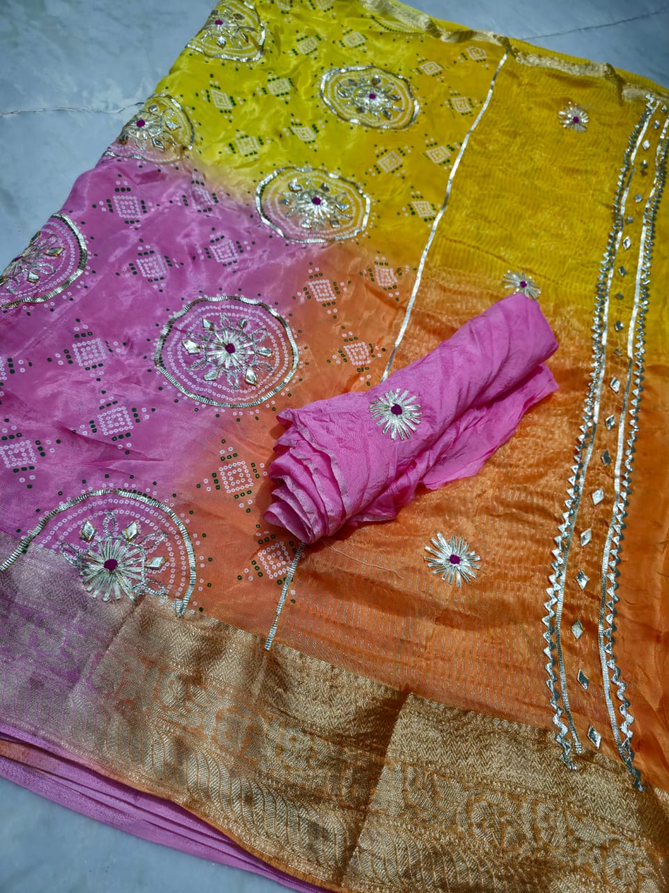 H.O. silk print gota work, chitpallu