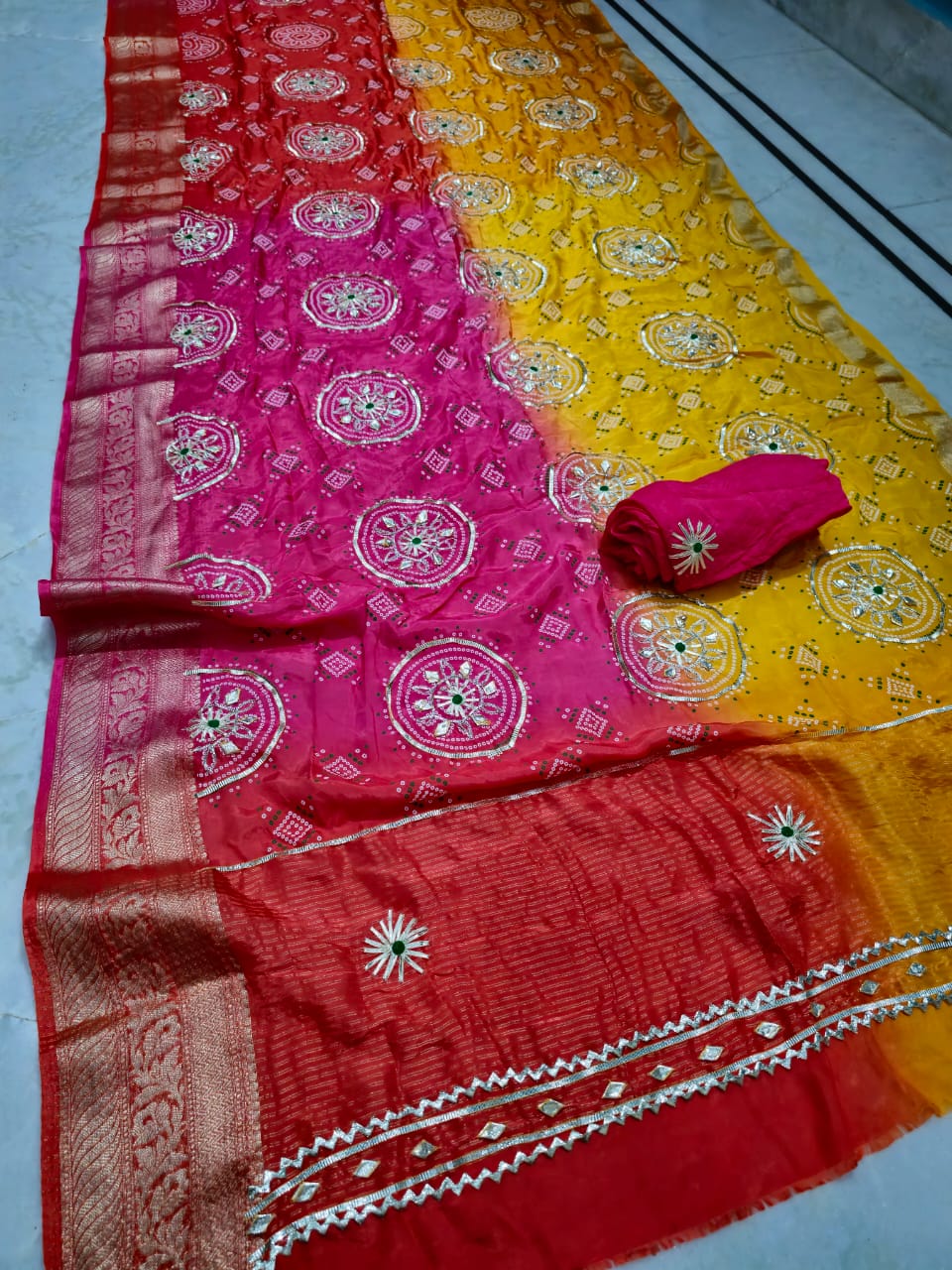 H.O. silk print gota work, chitpallu