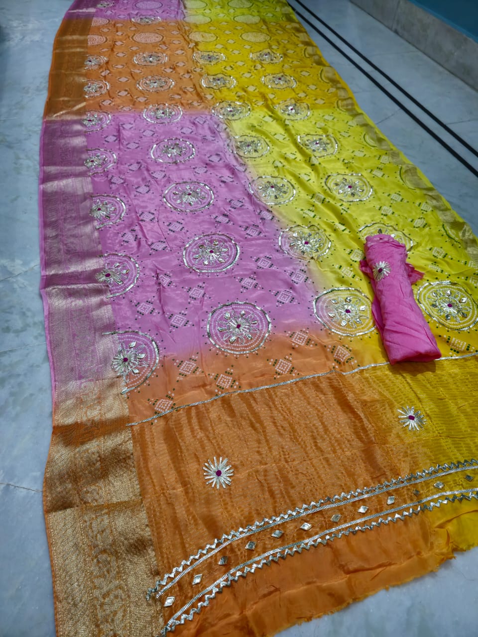 H.O. silk print gota work, chitpallu