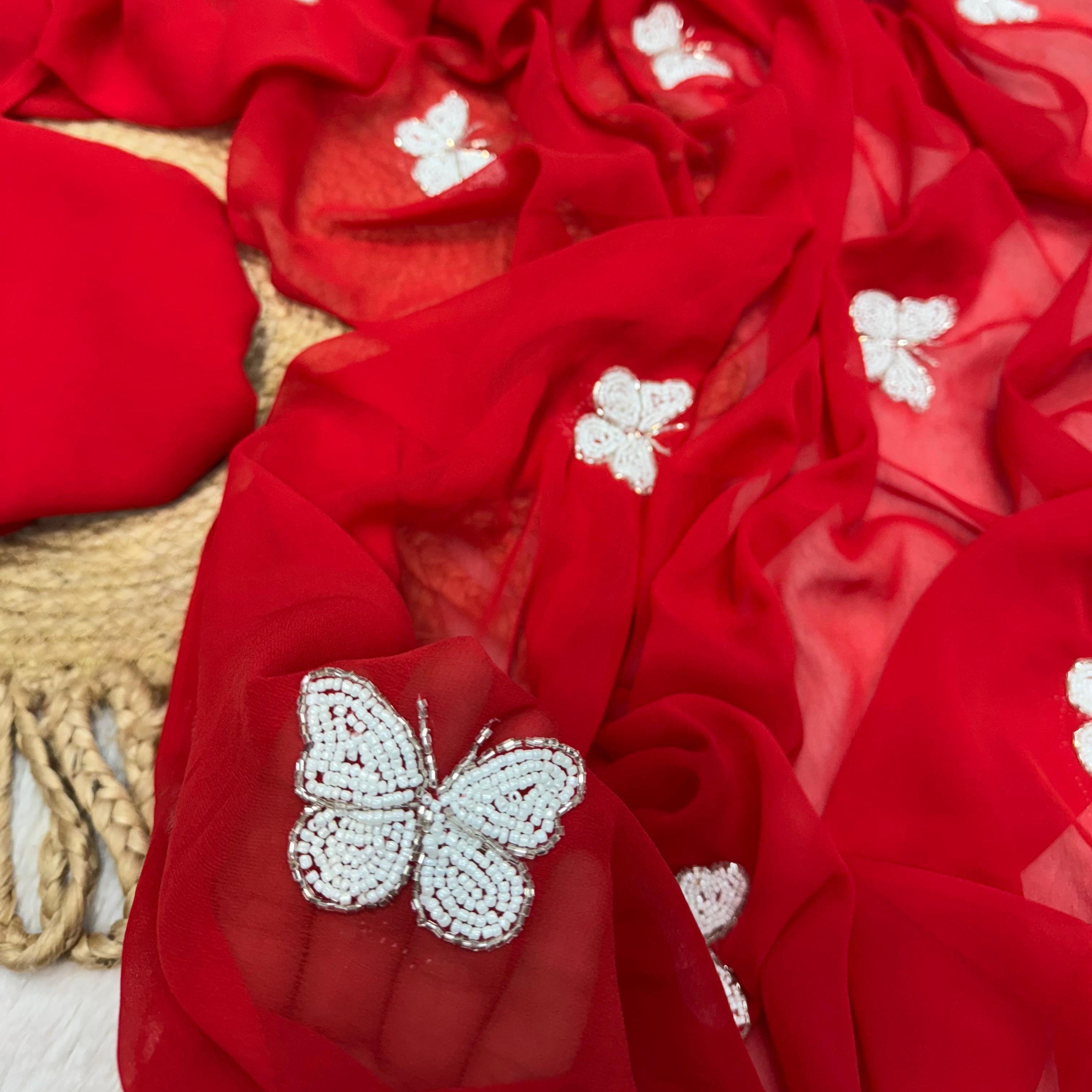 Georgette Saree with White Butterfly Embroidery