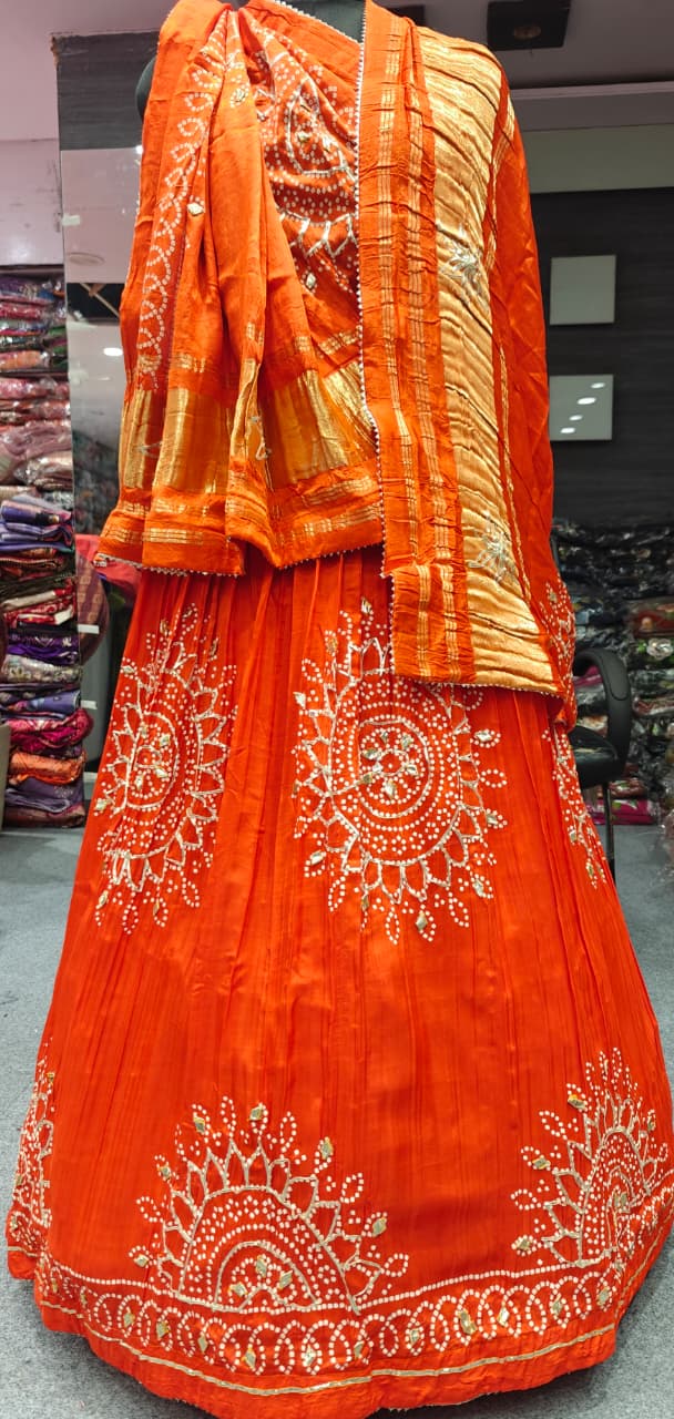 Traditional Bandhej Lehenga Set with Rich Golden Pallu