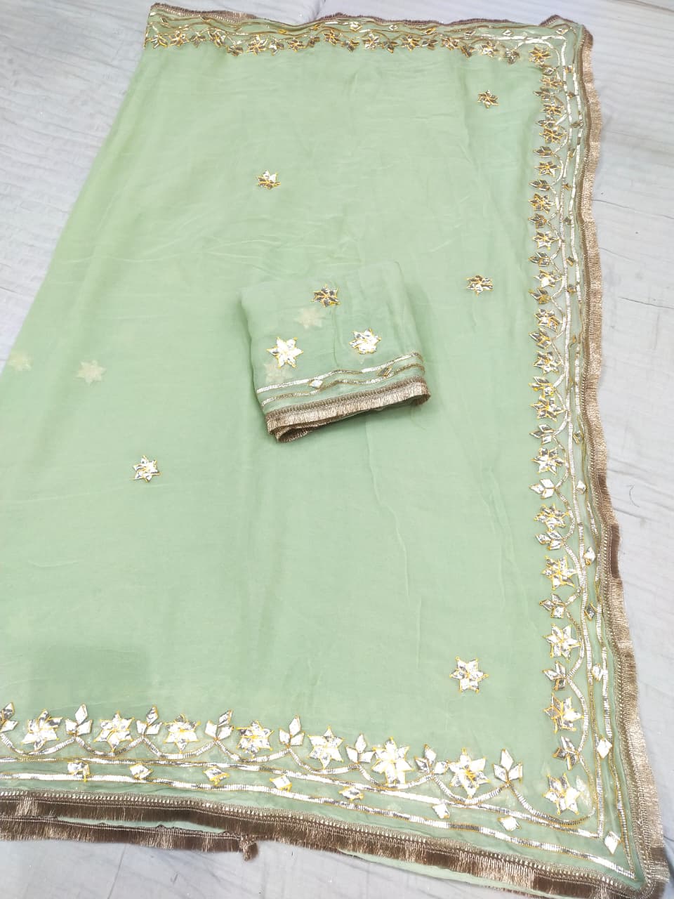 Georgette Saree with Gold Gota Patti Border & Floral Motifs