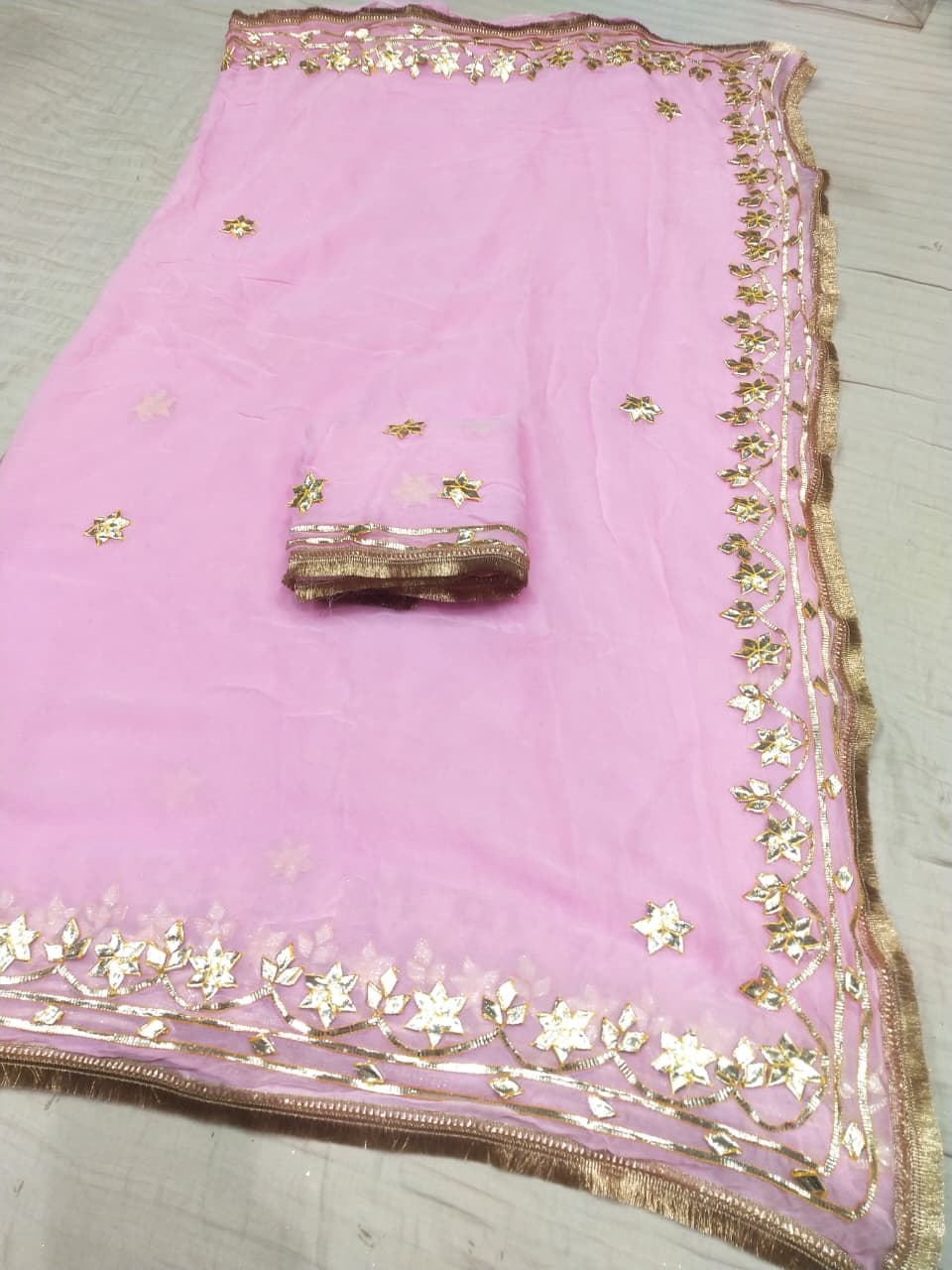 Georgette Saree with Gold Gota Patti Border & Floral Motifs