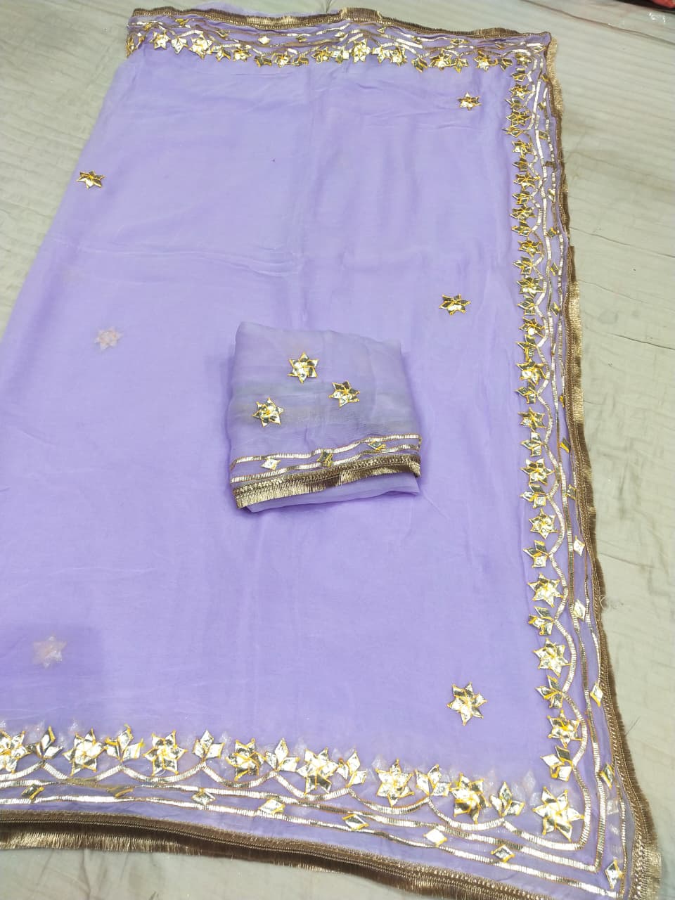 Georgette Saree with Gold Gota Patti Border & Floral Motifs
