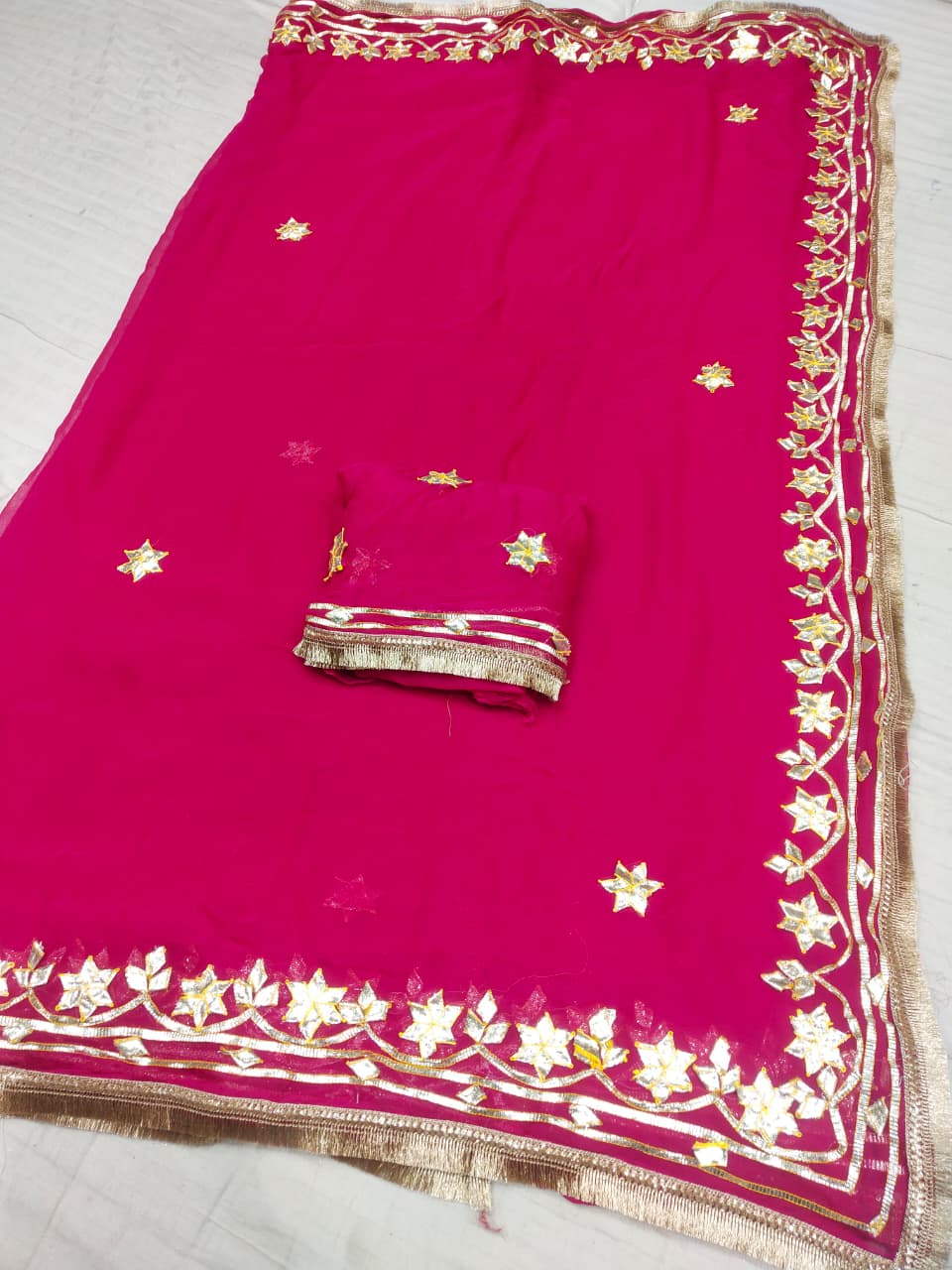 Georgette Saree with Gold Gota Patti Border & Floral Motifs