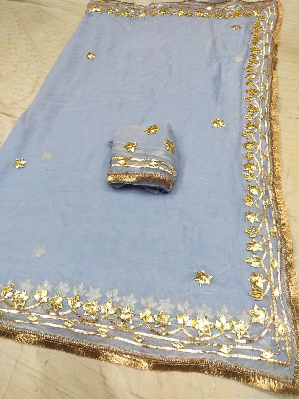 Georgette Saree with Gold Gota Patti Border & Floral Motifs