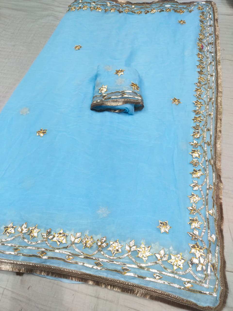 Georgette Saree with Gold Gota Patti Border & Floral Motifs