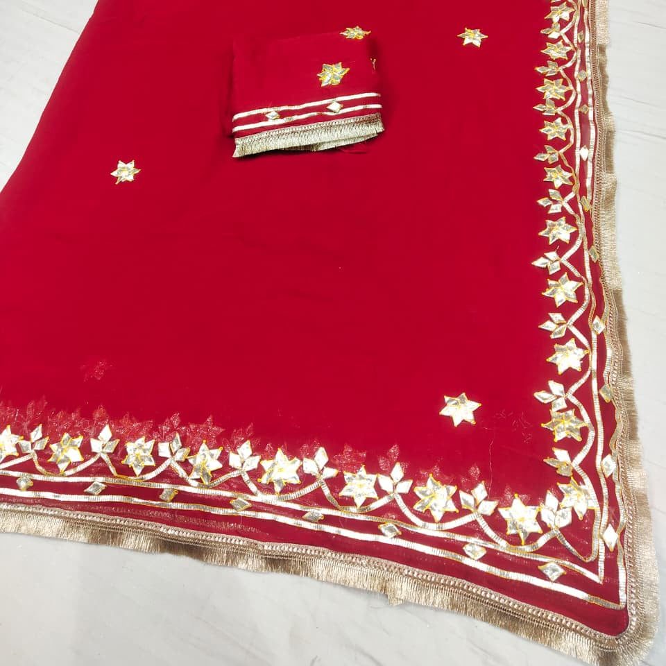 Georgette Saree with Gold Gota Patti Border & Floral Motifs