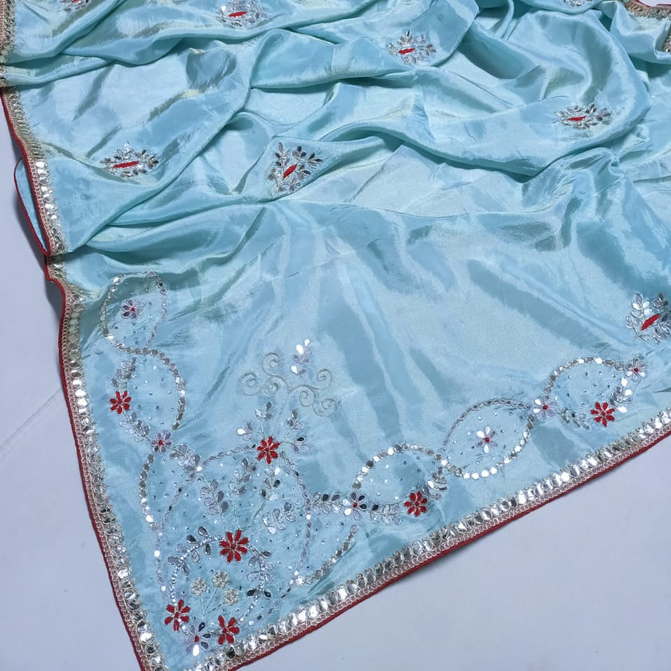 Saree with Floral Hand Embroidery & Mirror Work Border