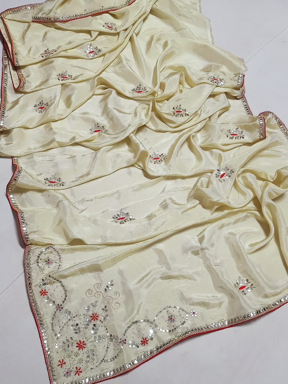 Saree with Floral Hand Embroidery & Mirror Work Border