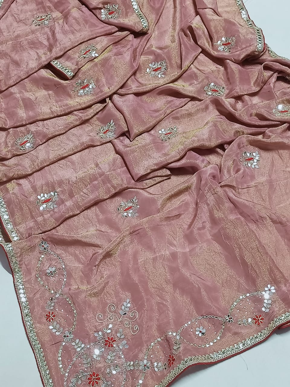 Saree with Floral Hand Embroidery & Mirror Work Border