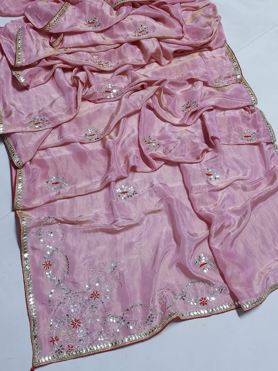 Saree with Floral Hand Embroidery & Mirror Work Border