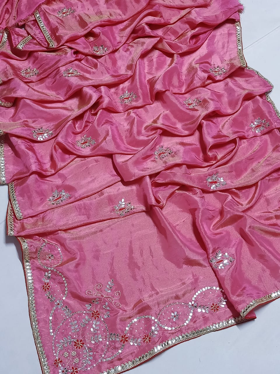 Saree with Floral Hand Embroidery & Mirror Work Border