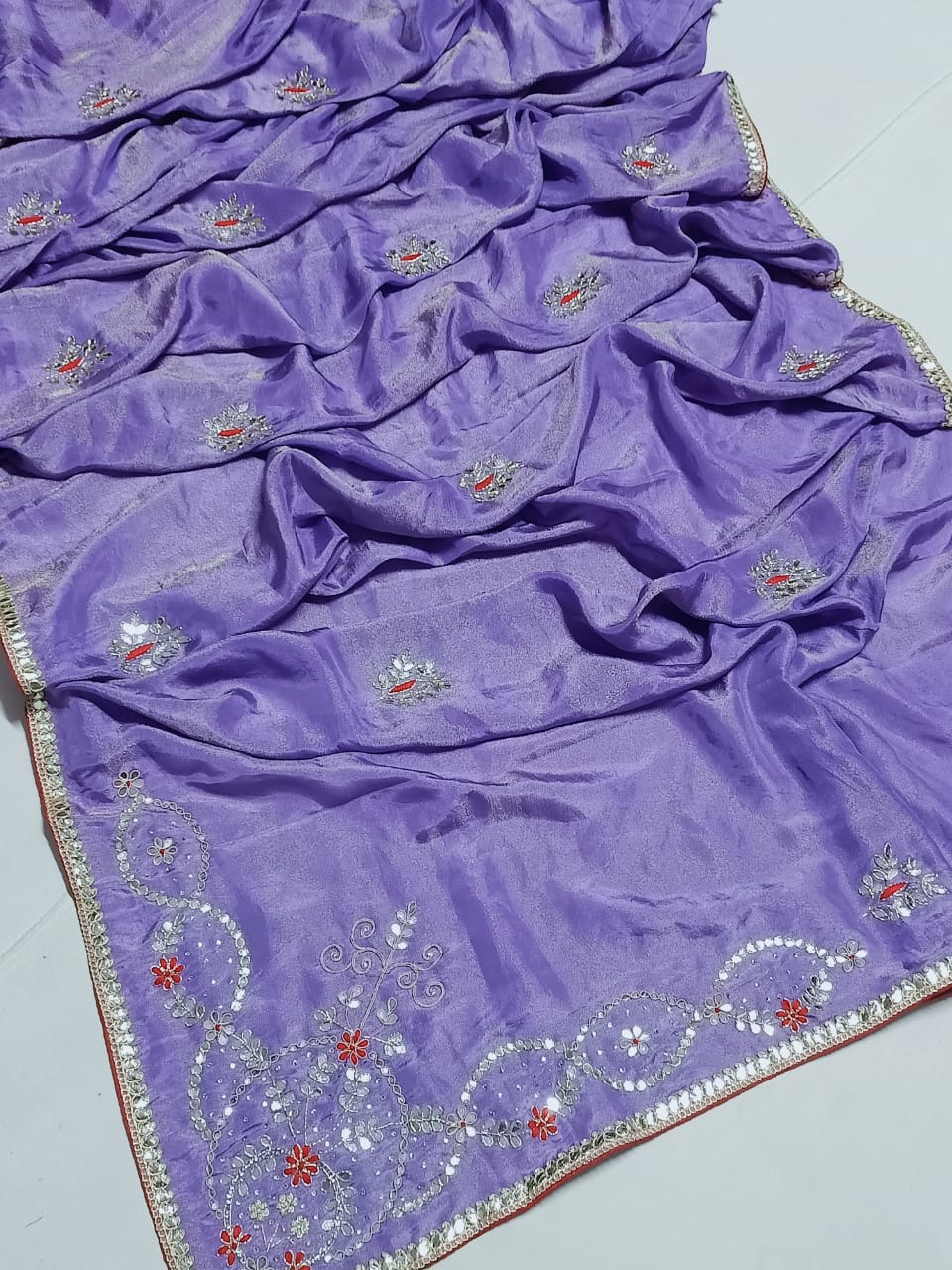 Saree with Floral Hand Embroidery & Mirror Work Border